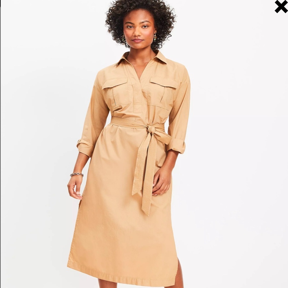 NEW LOFT Belted Pocket Midi Shirtdress Size 6